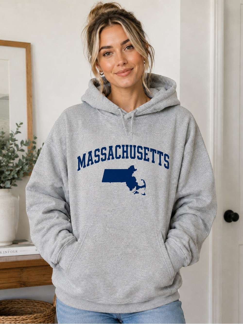 Gildan Gray Massachusetts Hoodie with Navy Print